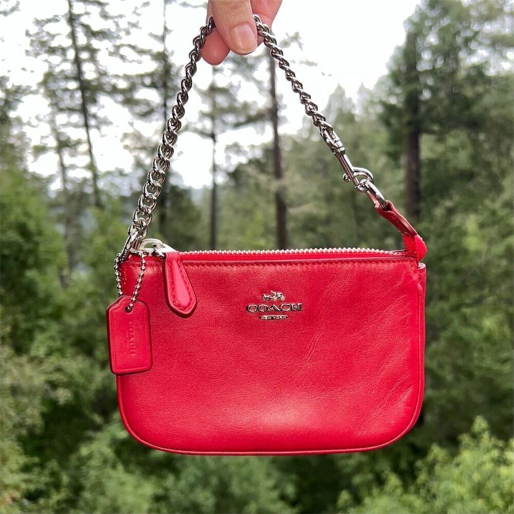 COACH Nolita 15 Red Leather Wristlet w Silver Chain Strap Women's Bag AUTHENTIC